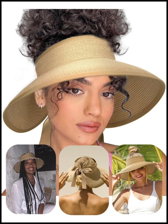 Straw Sun Visor Hat UPF 50+ Wide Shade Ponytail Open Top main image 5